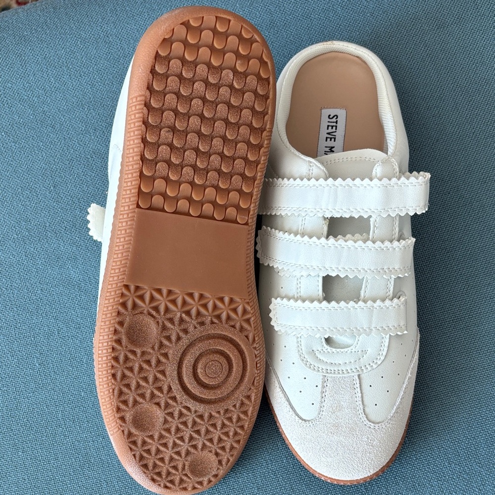 Steve Madden Momentum White Leather & Suede Velcro Mule Sneakers with Gum Sole 9 - Picture 3 of 4